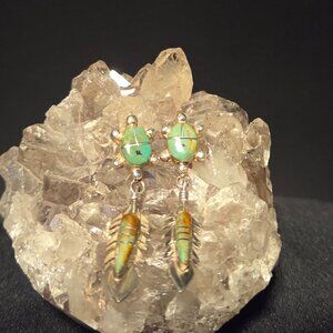 Authentic Zuni / Navajo Sterling Silver Inlay Feather Dangle Earrings (Signed FW